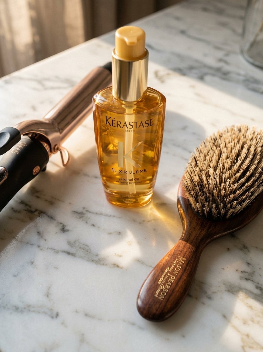 A gold bottle of Kerastase hair oil sits between a brown bristle hairbrush and a metallic curling iron on marble.