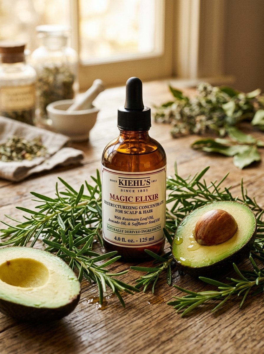 A brown glass dropper bottle of Kiehl's Magic Elixir hair concentrate placed on a wooden table with avocado halves and herbs.