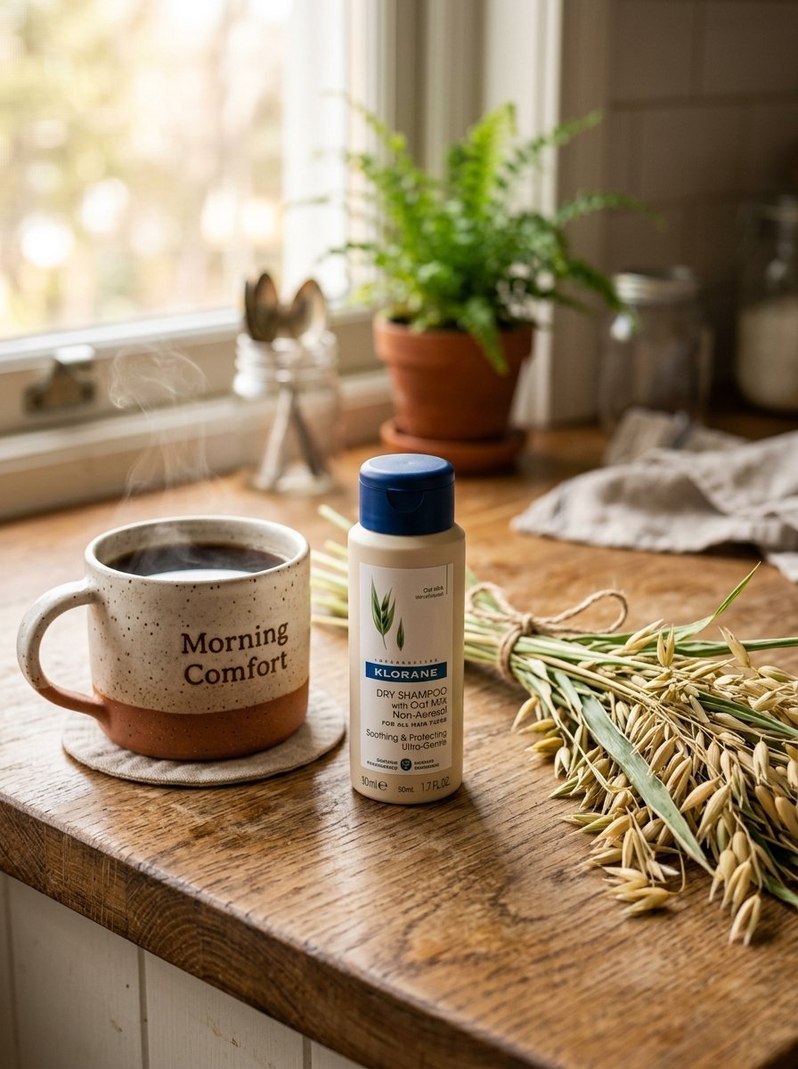 Klorane non-aerosol dry shampoo bottle resting on a wooden kitchen counter next to steaming coffee and dried oats.