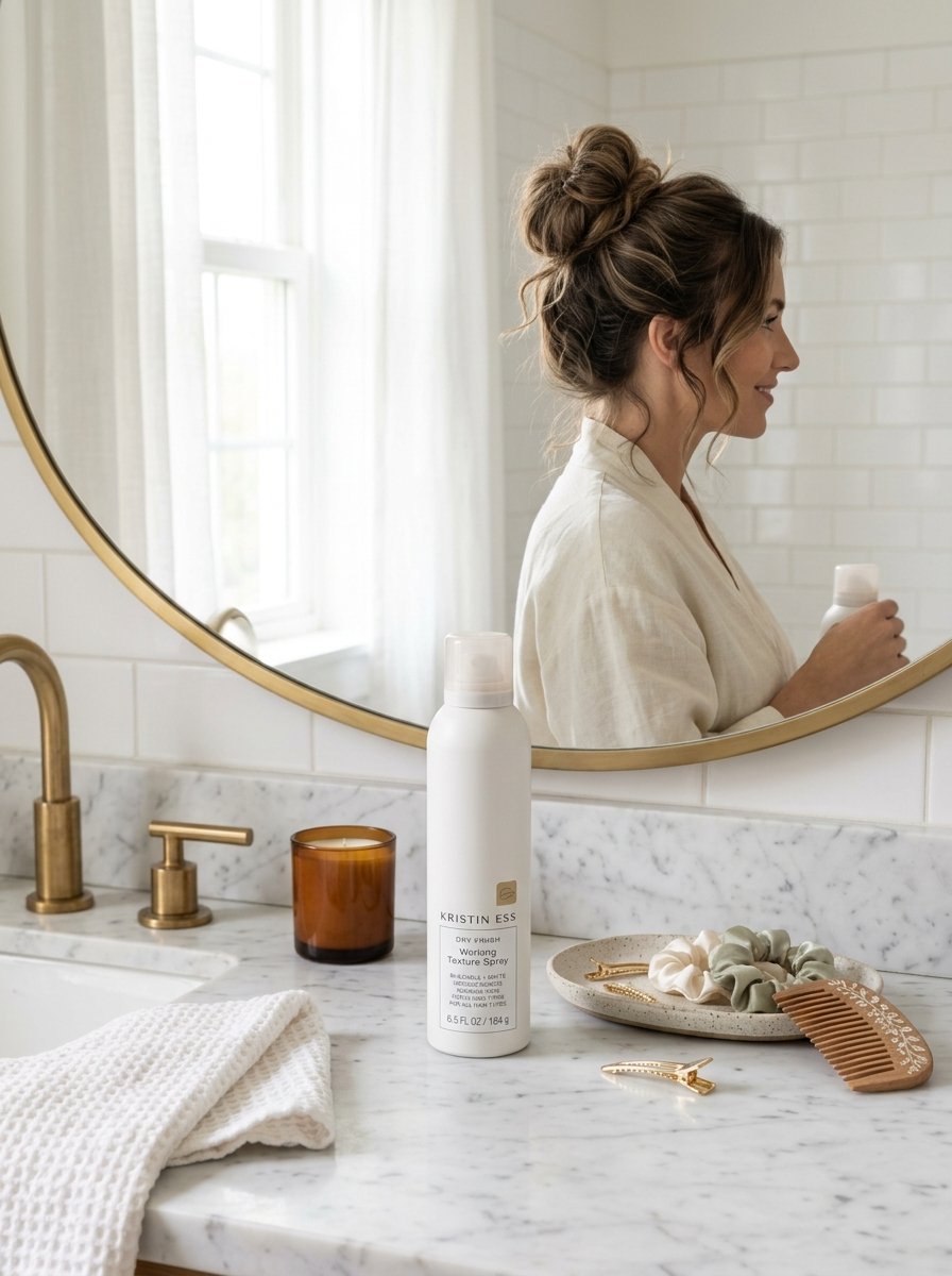 A white bottle of Kristin Ess texture spray stands on a marble counter next to a candle, hair clips, and a wooden comb.