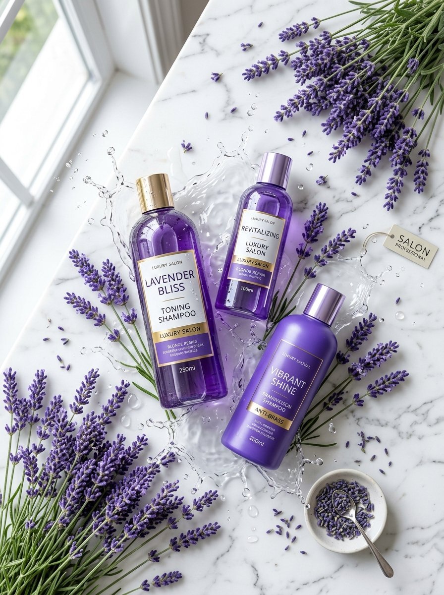 Top-down view of three purple luxury salon shampoo bottles on a marble surface with splashing water and lavender flowers.