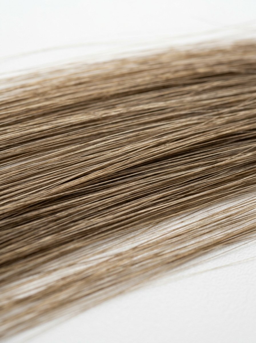 A macro shot showing thin, straight strands of light brown hair laid flat against a clean white surface.