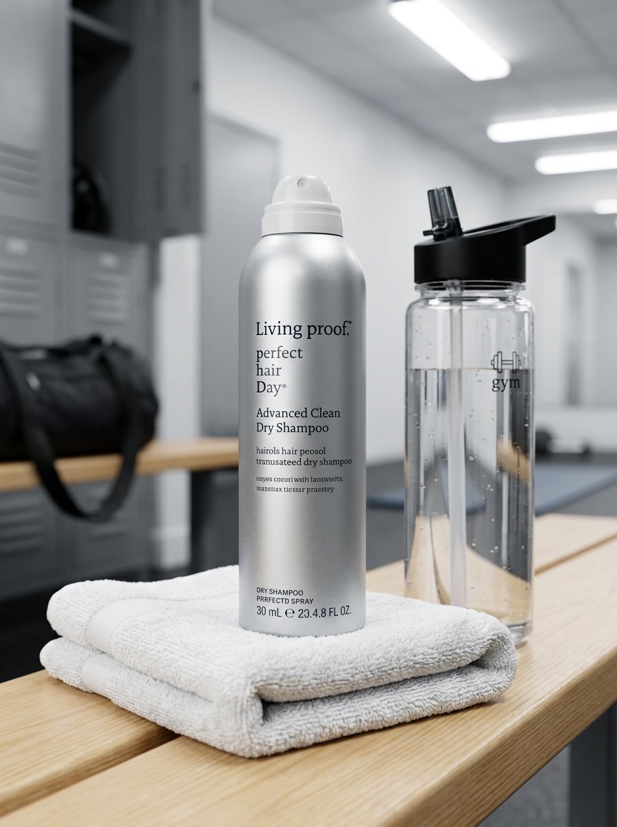 A metal can of Living Proof hair product placed next to a clear water bottle on a wooden locker room bench.