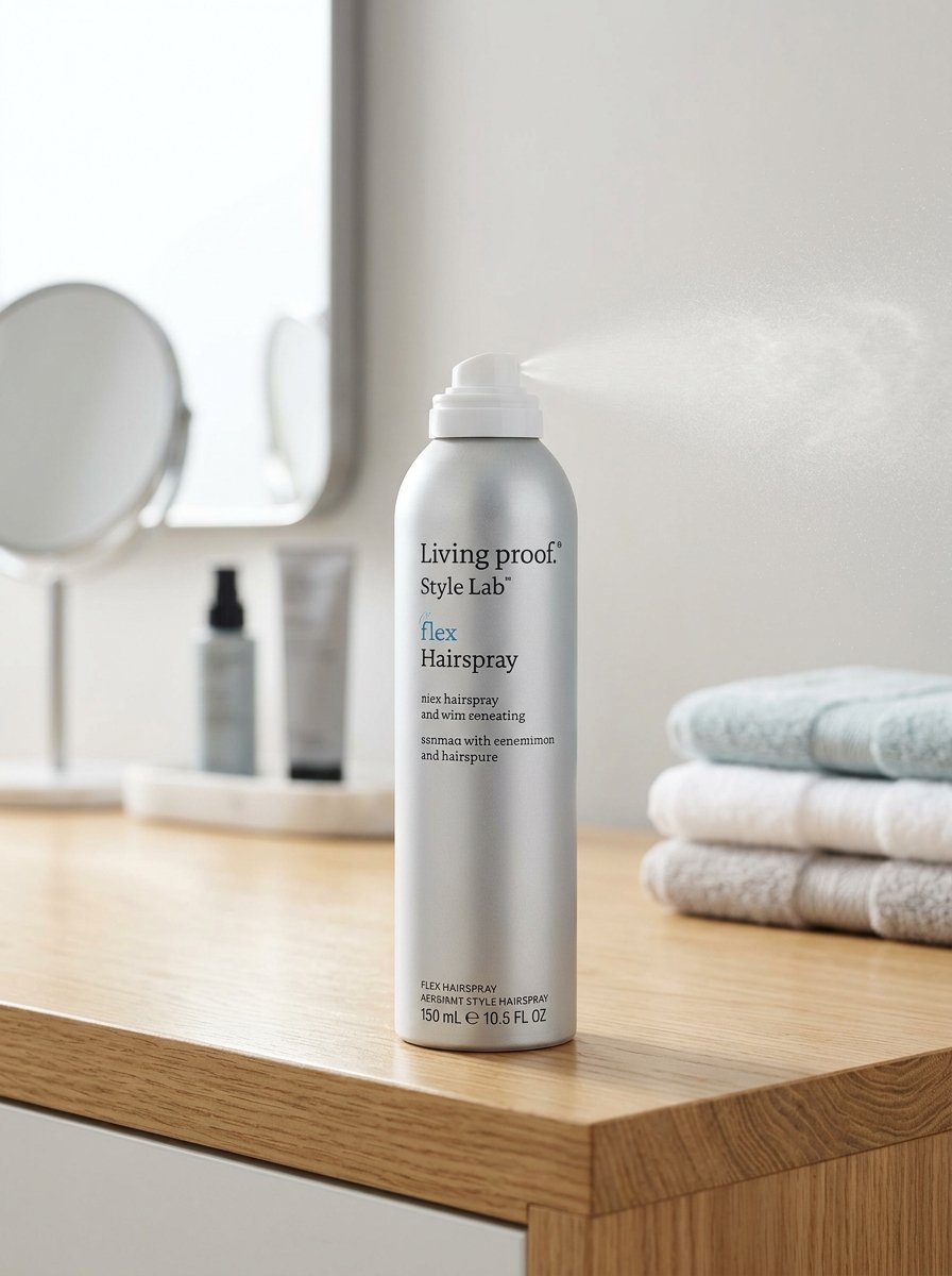 Silver canister of hairspray dispensing a light mist on a wooden bathroom counter next to folded towels.