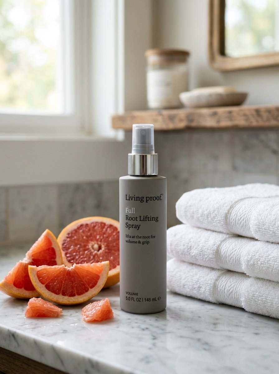 Bottle of volume spray on a marble counter next to sliced grapefruit and folded white towels.