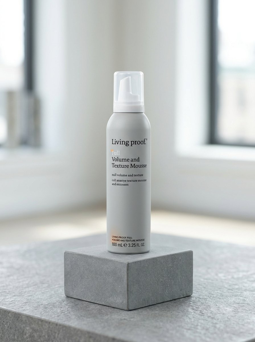A grey bottle of Living Proof hair mousse stands upright on a square grey stone display block.