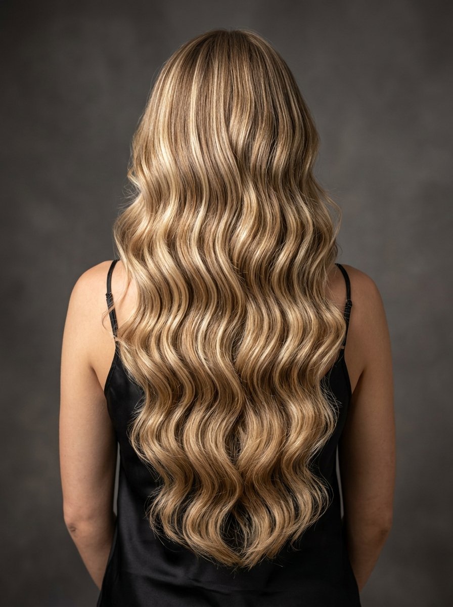 A woman seen from the back featuring very long, flowing, wavy blonde hair against a grey background.