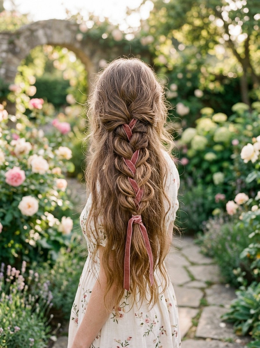 Back view of a woman with long wavy hair in a braided style woven with a dusty pink velvet ribbon in a flower garden.