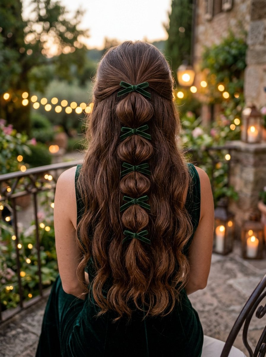 A back view of a woman wearing a cascading bubble braid hairstyle accented with five small dark green velvet hair bows.