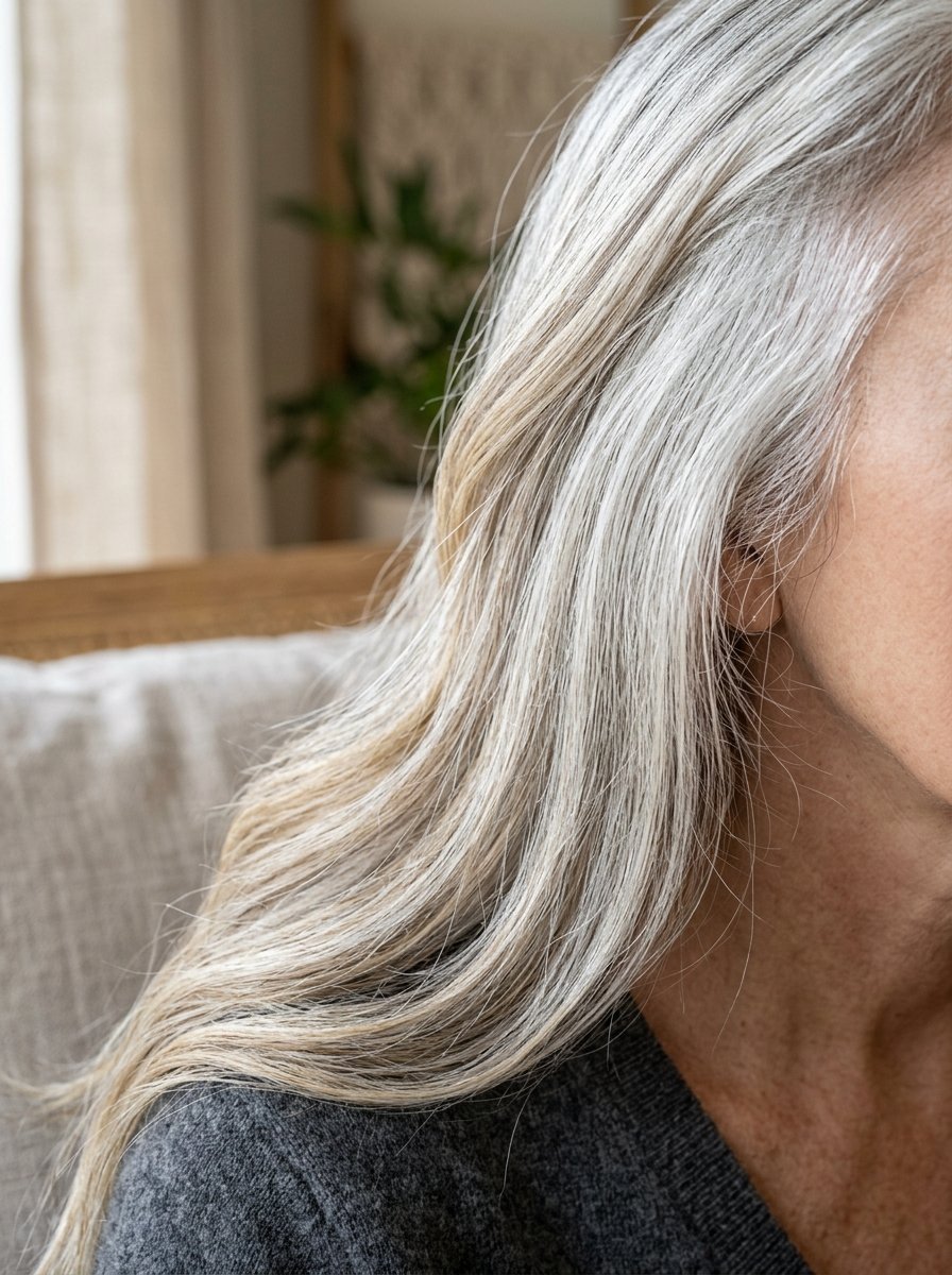 Close up of a woman showing smooth long gray hair resting on her shoulder