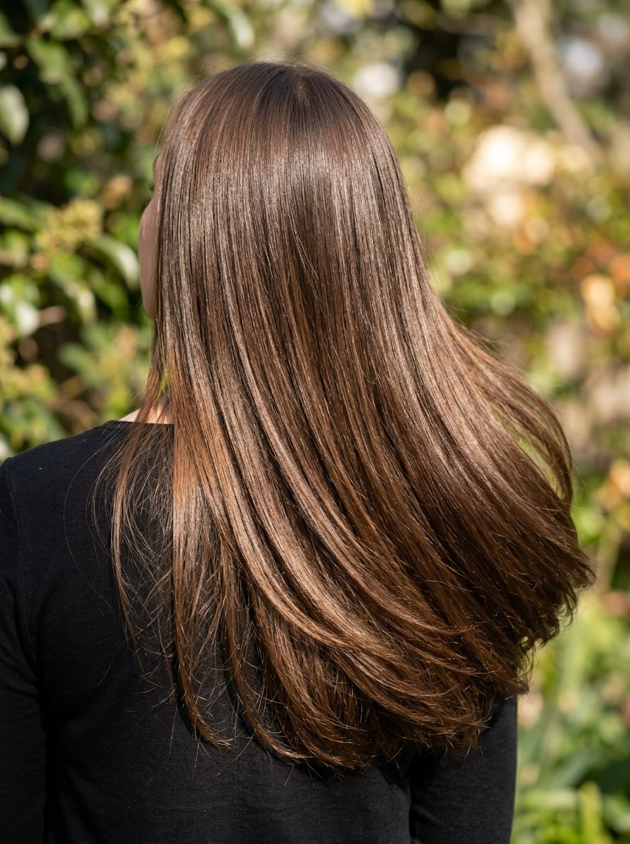 Back view of a person with long, smooth chestnut hair worn down outdoors with a natural blurred foliage background.