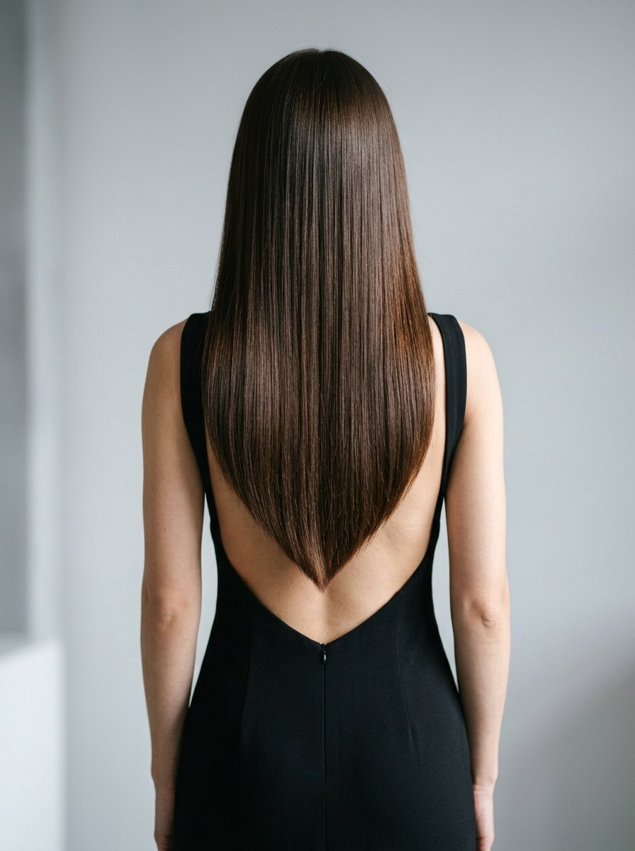 Rear view of a woman in a black dress with long, sleek, V-cut dark hair.