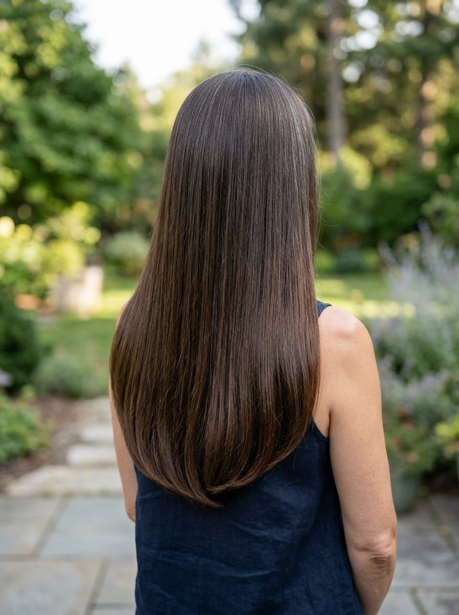 Rear view of a woman with sleek, shoulder-length brown hair standing in a sunny garden.