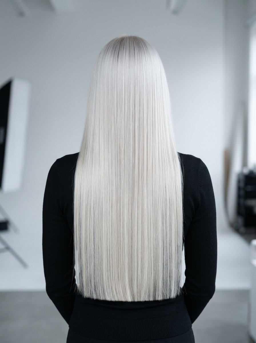 Back view of a person with extremely long, straight, icy blonde hair wearing a black long-sleeved top.