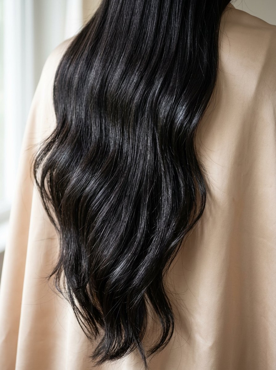 Back of a person with long, flowing black hair showing natural soft waves against a beige garment.