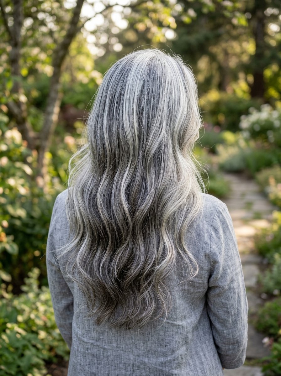 Back view of a woman with long, natural wavy silver and grey hair wearing a linen shirt in a garden setting.