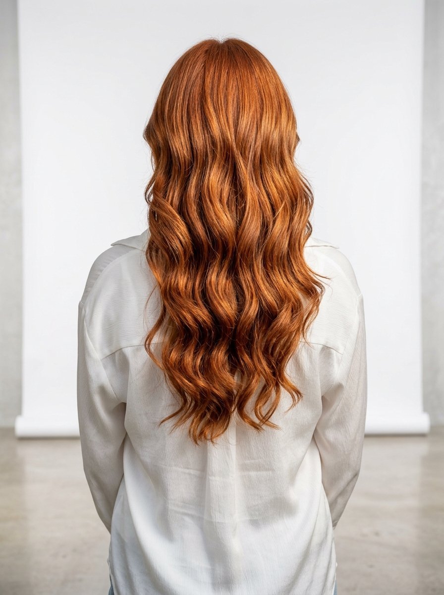 Back view of a person with long, flowing copper-colored wavy hair wearing a white collared shirt.