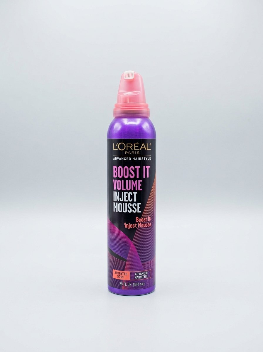 A vertical canister of L'Oreal hair styling mousse featuring a pink nozzle and purple gradient packaging.