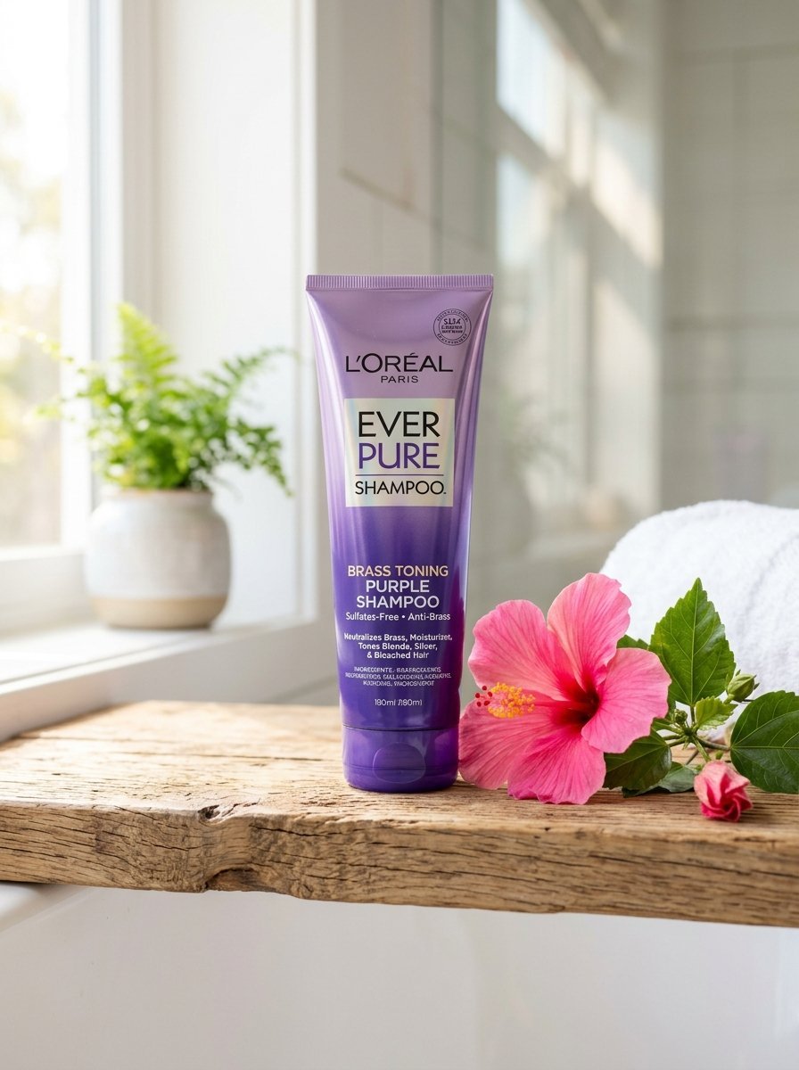 L'Oreal EverPure brass toning purple shampoo tube standing on a wooden bathroom ledge with a blooming hibiscus flower.
