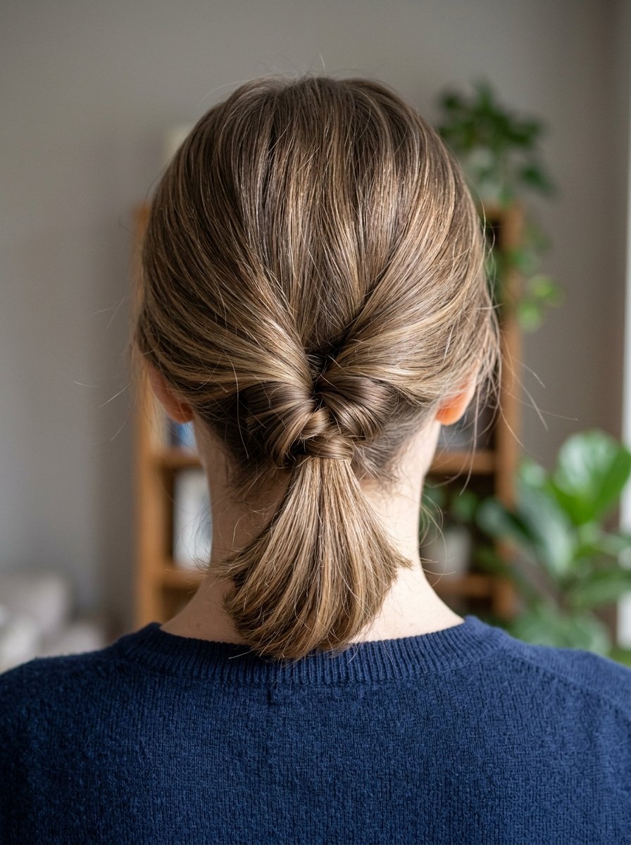 Back view of a woman with highlighted light brown hair styled in a small, elegant low twist ponytail.
