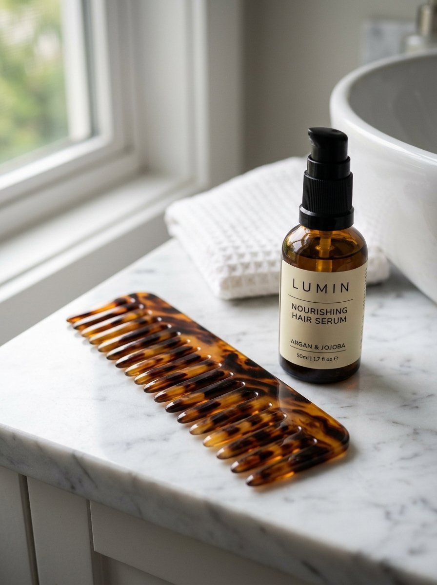 Lumin nourishing hair serum bottle sitting on a marble counter beside a brown tortoiseshell hair comb.