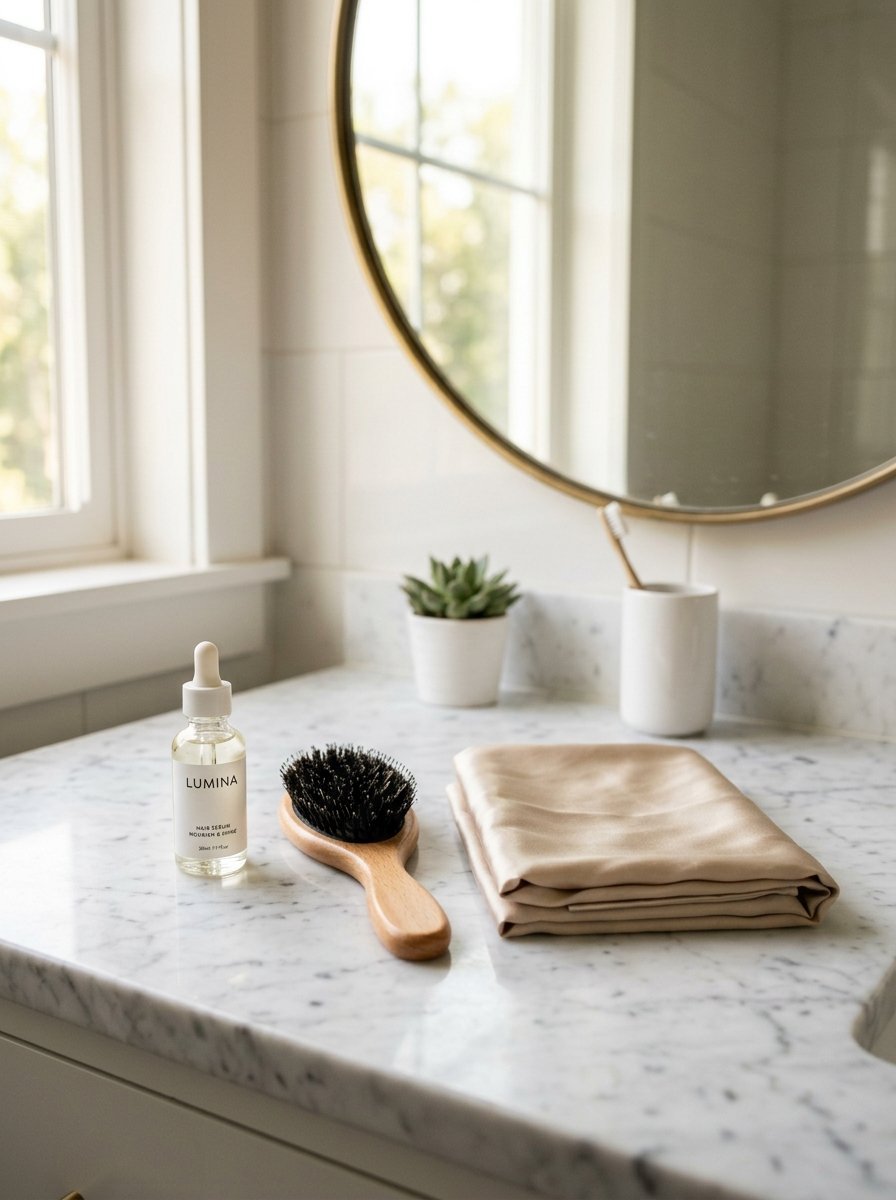 Hair care products and a silk pillowcase arranged neatly on a marble bathroom counter by a vanity mirror.