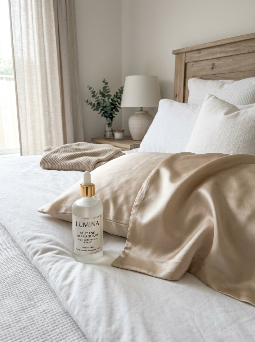 A bottle of Lumina split end repair serum placed on a smooth beige silk pillowcase on a made bed.