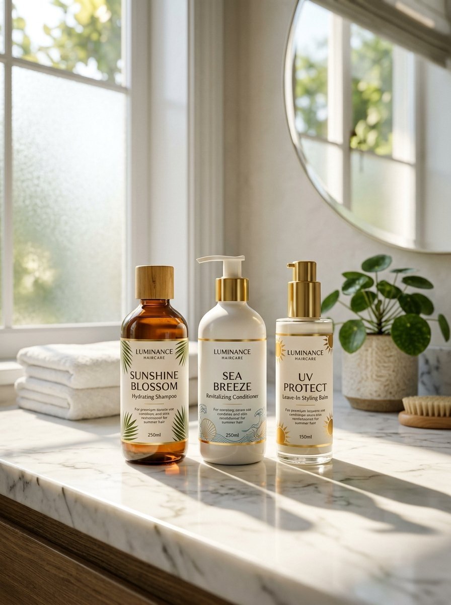Set of three hair care bottles labeled shampoo, conditioner, and styling balm sitting on a white marble countertop.