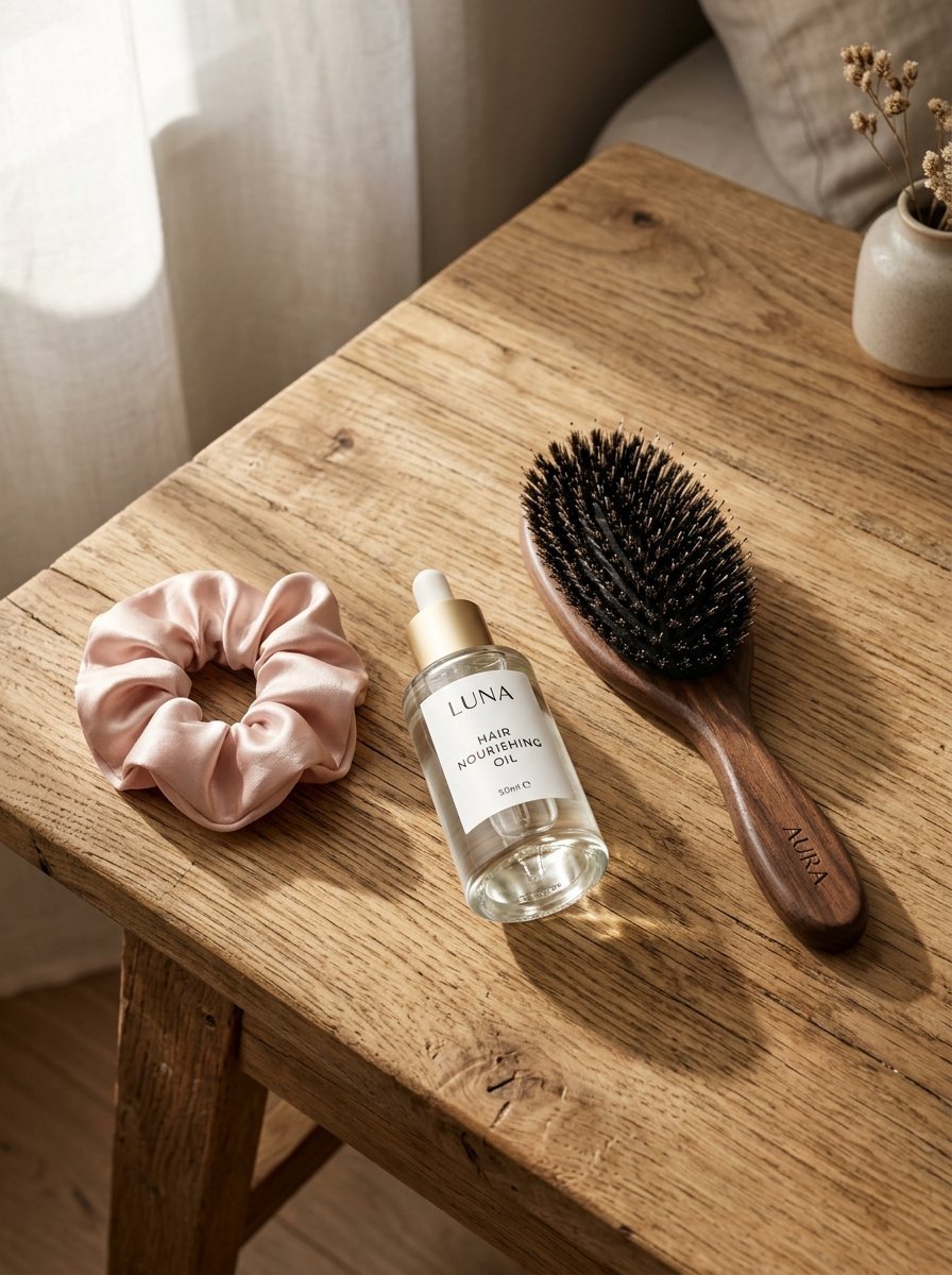 Luna hair oil serum sits on a rustic wooden table next to a satin scrunchie and a wooden boar bristle hairbrush.