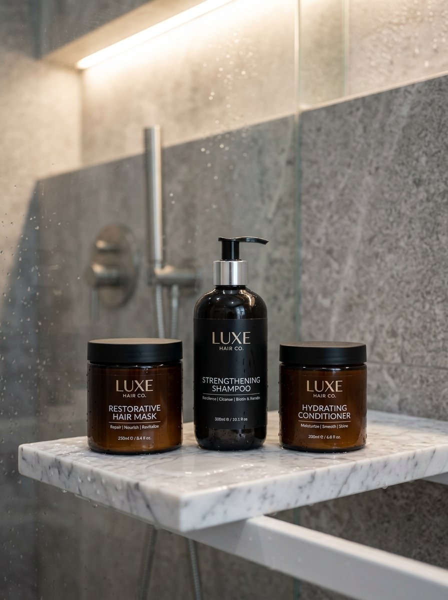 Amber glass bottles of shampoo, conditioner, and hair mask sitting on a marble shelf in a modern walk-in shower.