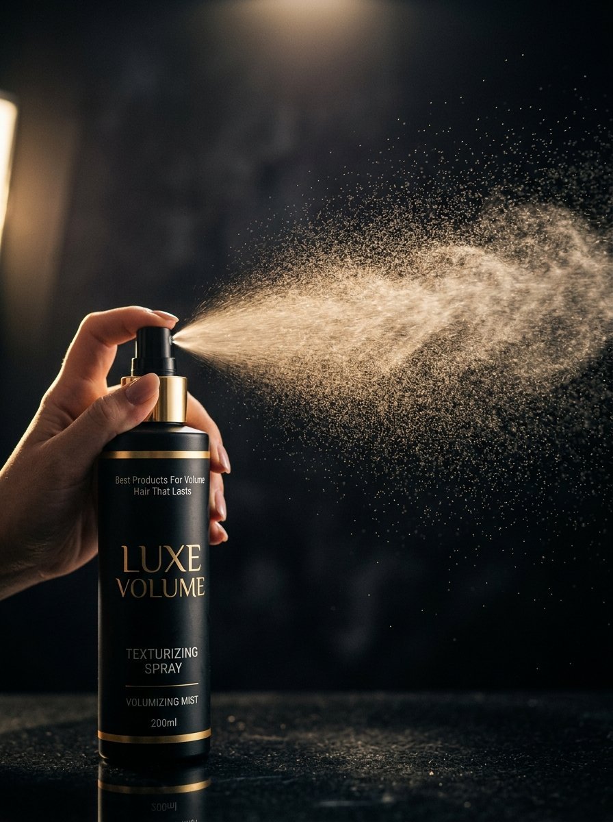 Close up of a hand spraying a fine mist from a sleek black bottle of hair styling product against a dark background.