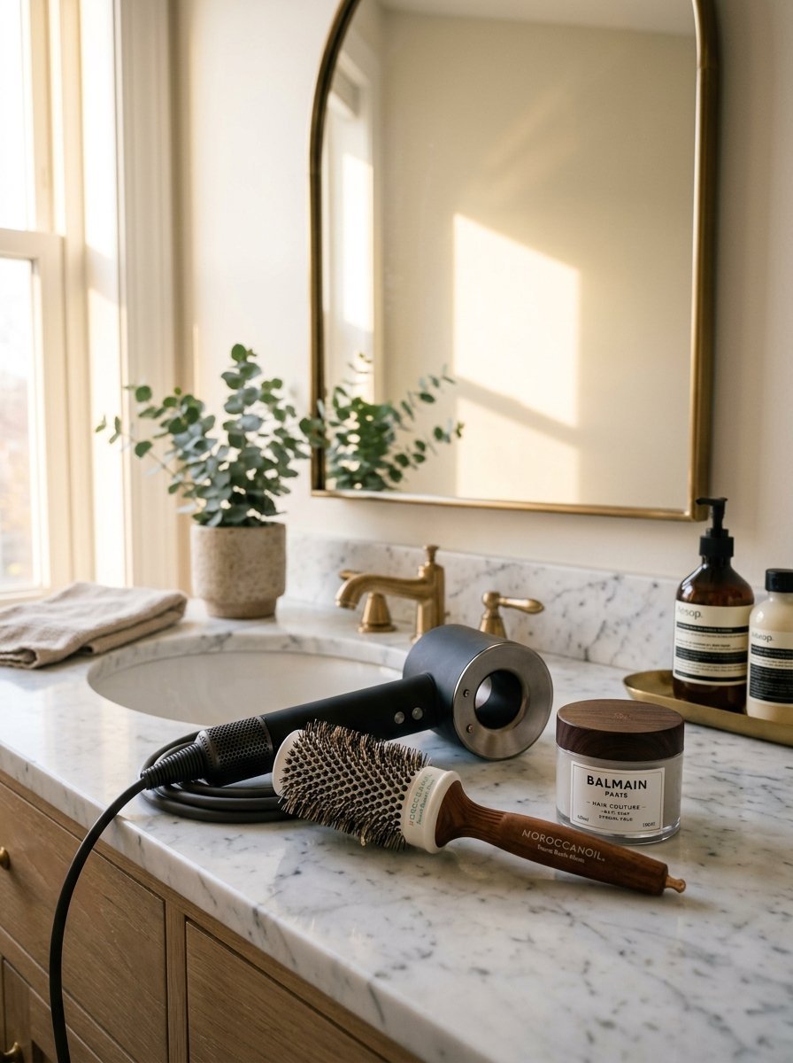 A hair dryer, round brush, and Balmain hair product resting on a marble countertop beside a sink.