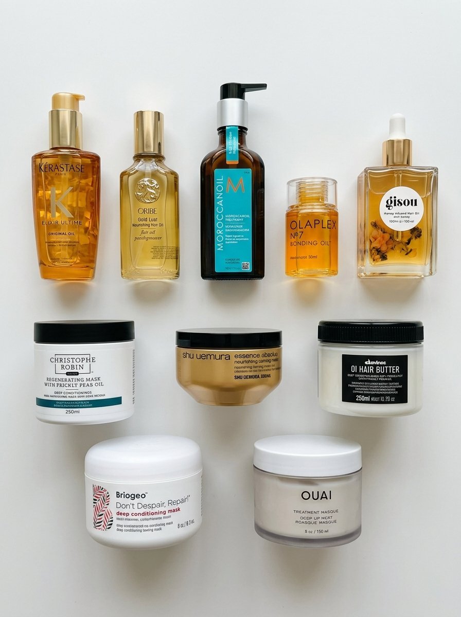 Top view of premium hair care products including oils from Gisou and Olaplex plus hair masks from Briogeo and Ouai.