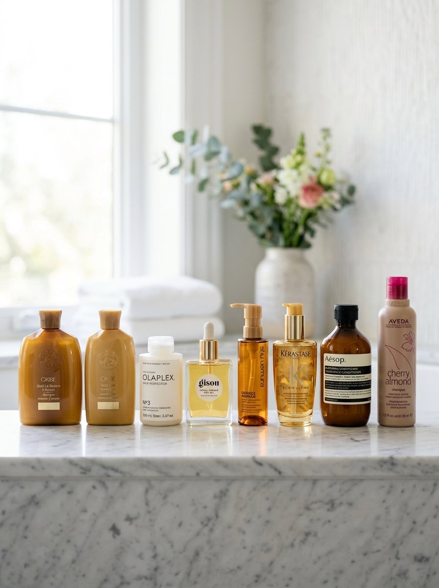 A lineup of luxury shampoo, conditioner, and hair oil bottles sitting on a marble countertop in a bright bathroom.