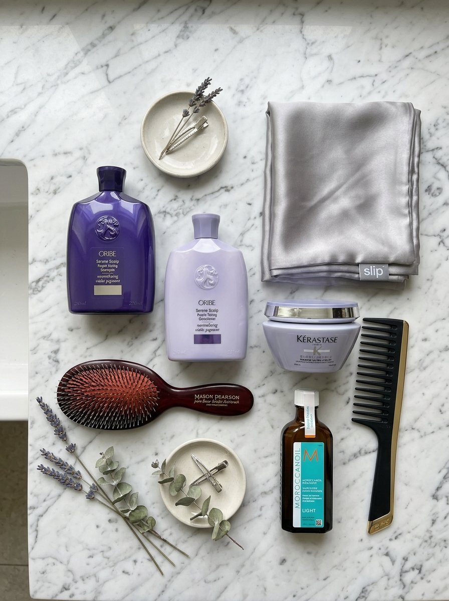 Top-down view of hair products including Oribe shampoo, Moroccanoil, and a Slip silk pillowcase on a marble surface.