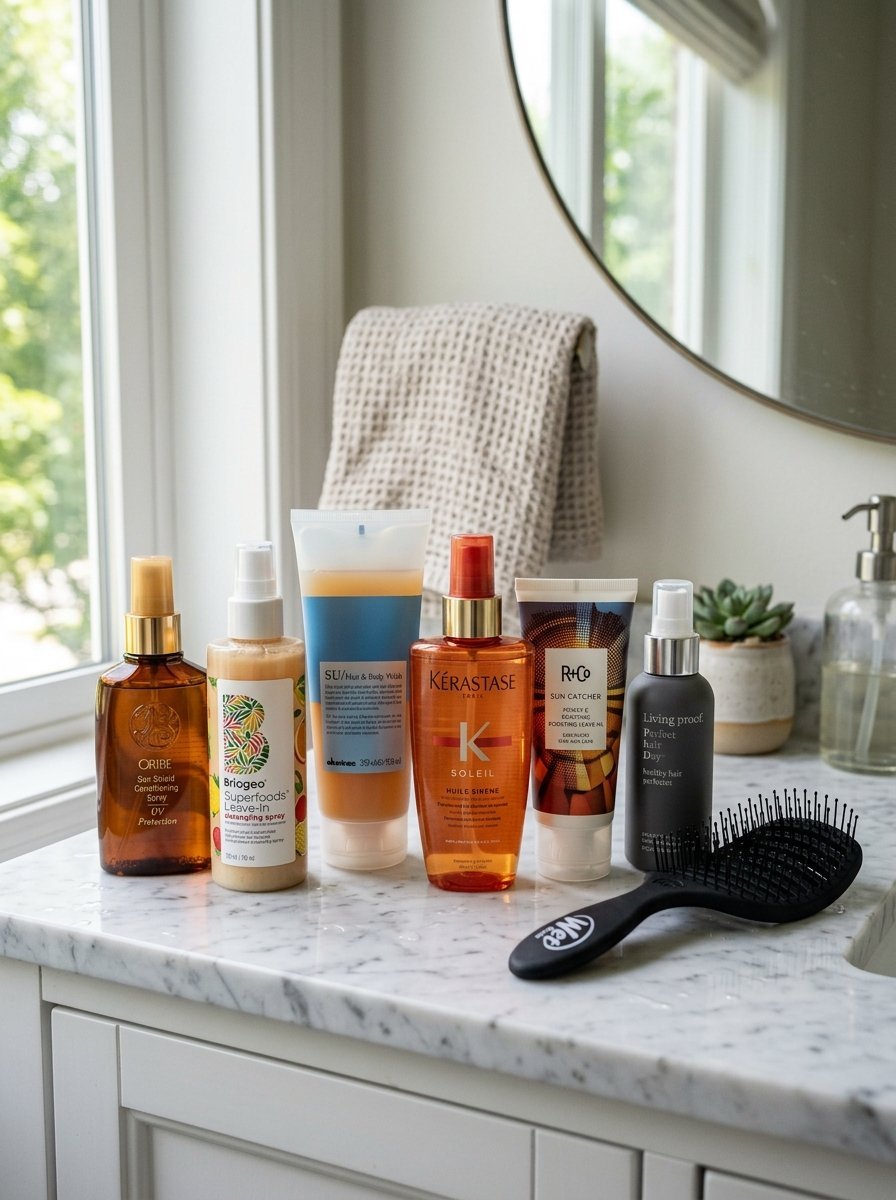Row of professional hair treatment bottles by Oribe, Briogeo, and Kerastase on a marble bathroom vanity.