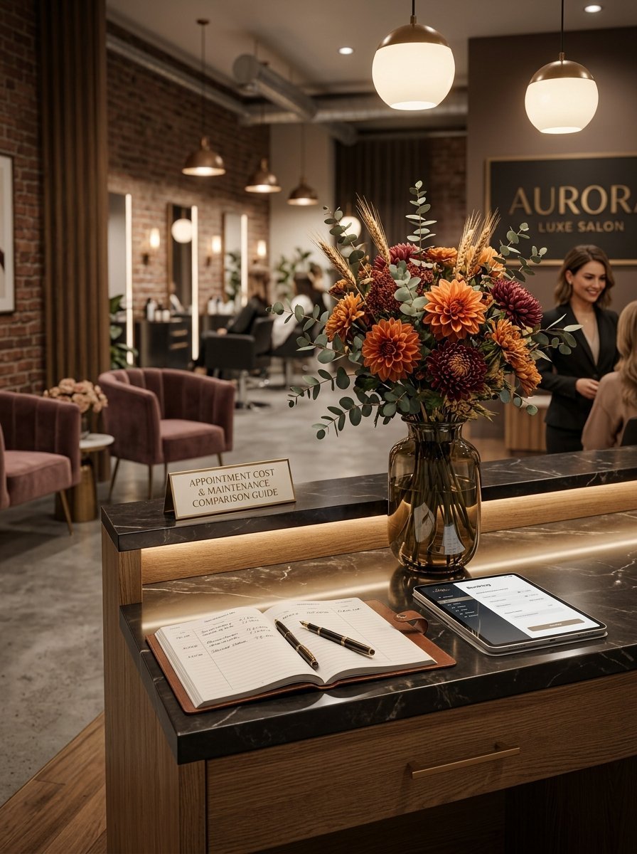 A bouquet of orange and maroon flowers on a marble salon desk with a booking journal and tablet.