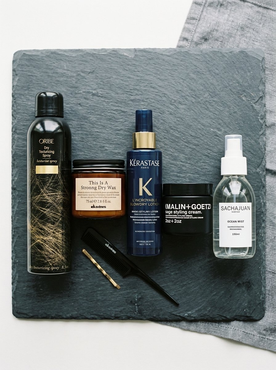 Five premium hair care products including sprays, creams, and wax with a comb and hair clip on a black stone slab.