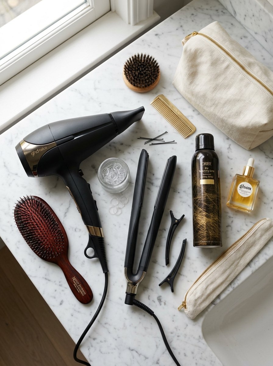 Top-down view of hair dryers, straighteners, brushes, and styling products on a marble countertop.