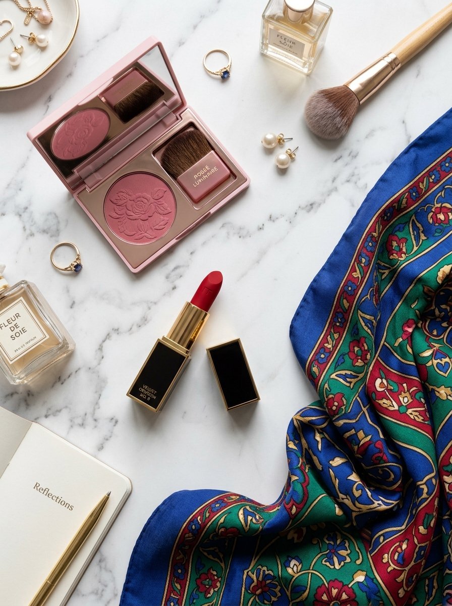 Pink blush compact, red lipstick, perfume, and floral scarf spread on a white marble vanity table.