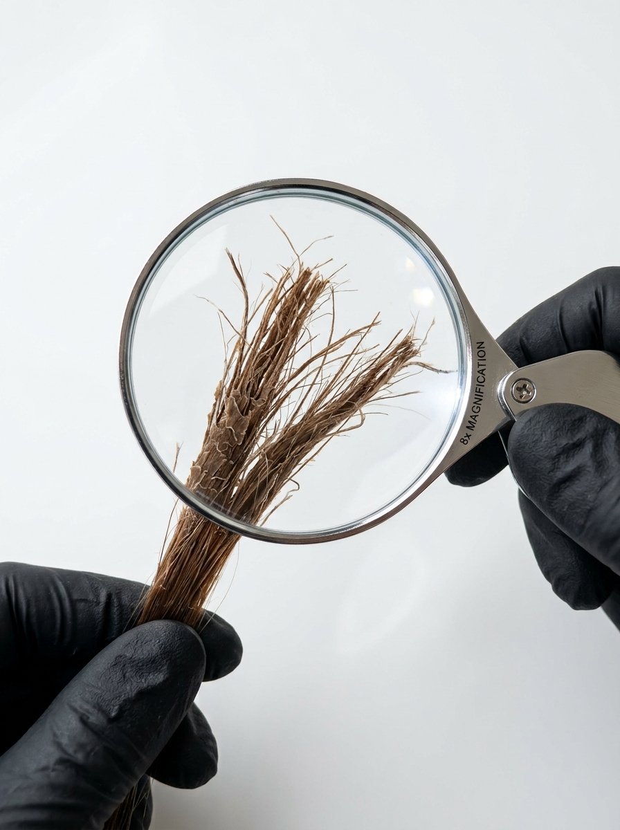 Gloved hands hold a magnifying glass over a damaged, splitting cluster of brown hair or synthetic fibers.