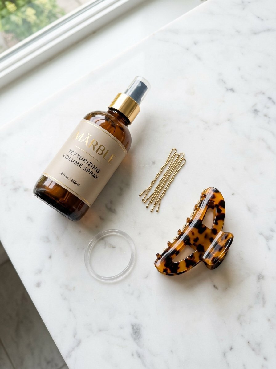 A brown glass bottle of texturizing spray, gold bobby pins, a clear hair tie, and a tortoise shell claw clip.
