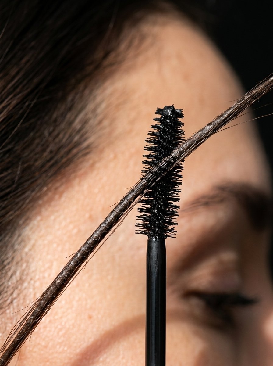 A black makeup brush positioned vertically in front of a woman's forehead with a single lock of hair crossing it.