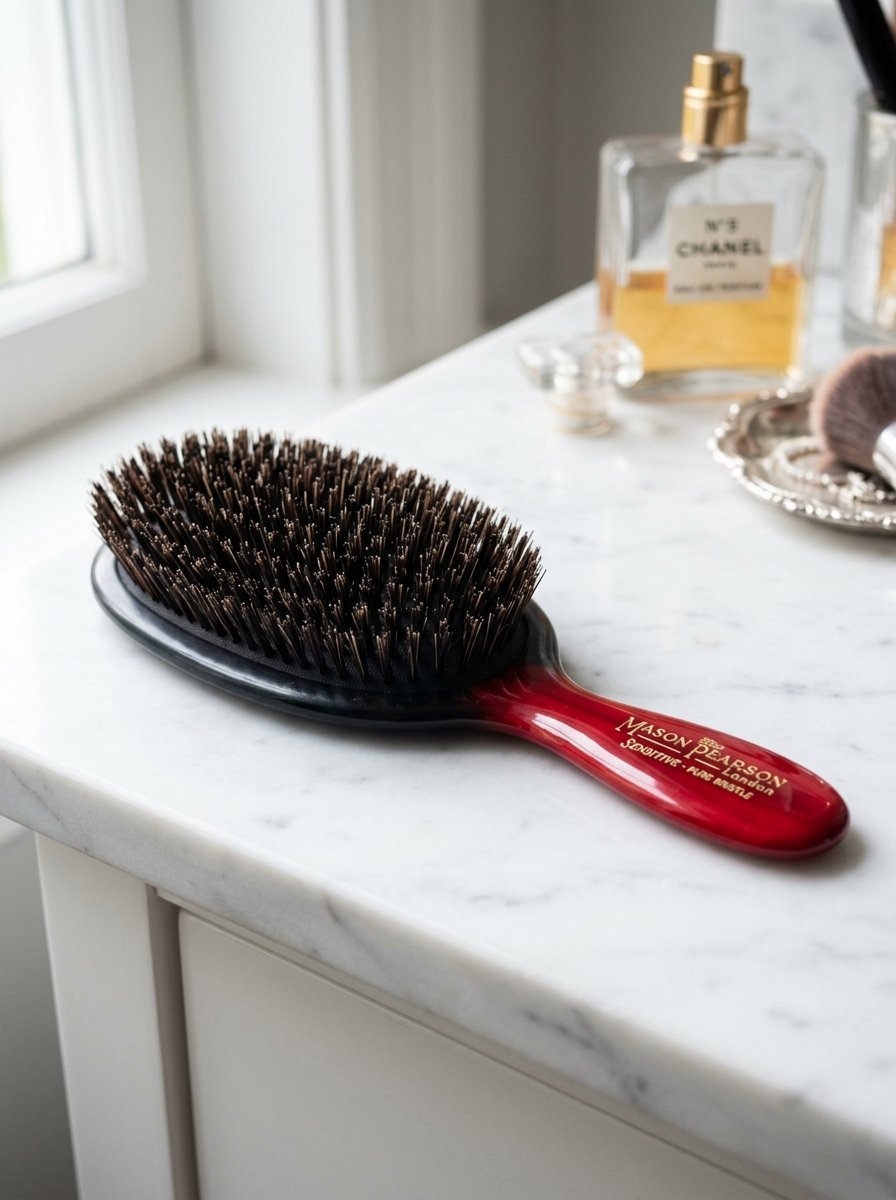 A red and black Mason Pearson hairbrush placed on a white marble countertop near a perfume bottle.