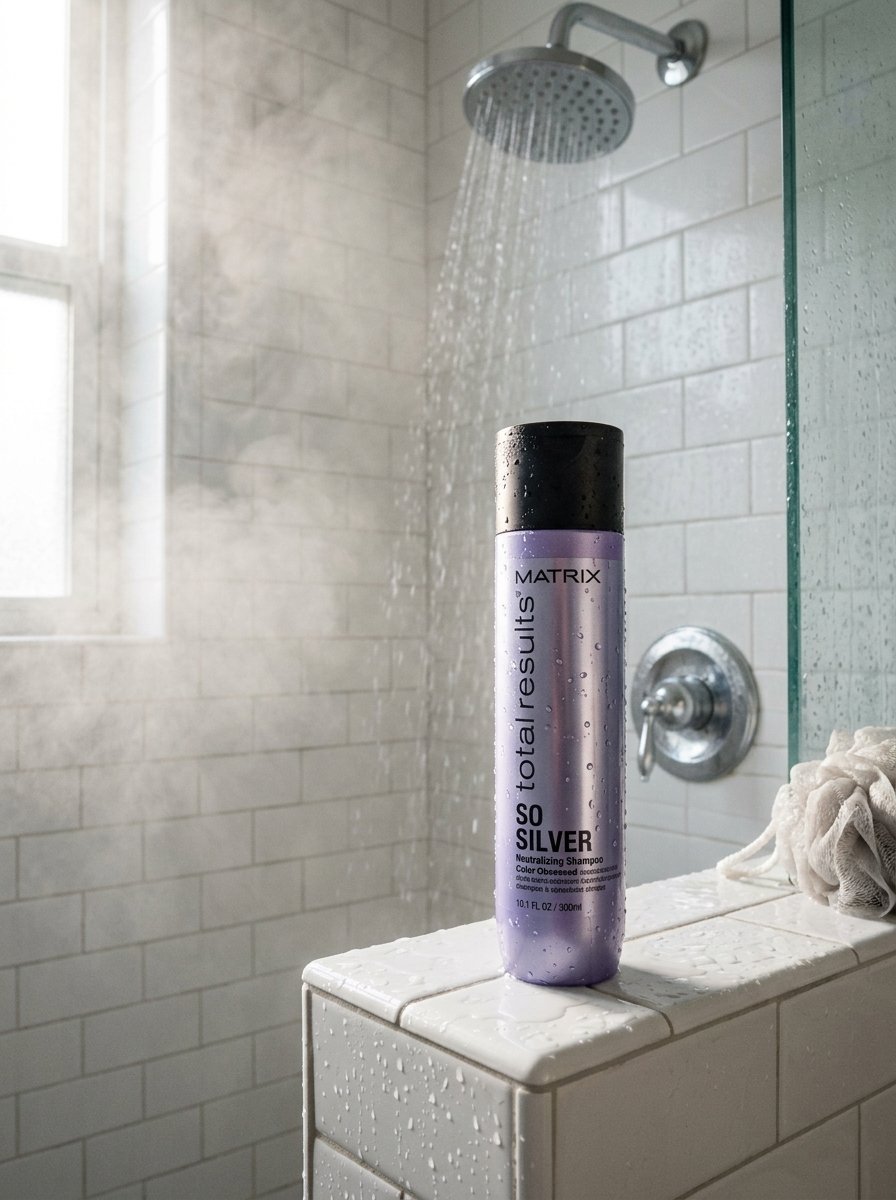 Wet bottle of Matrix So Silver neutralizing shampoo sitting on a tiled shower ledge with steam rising.