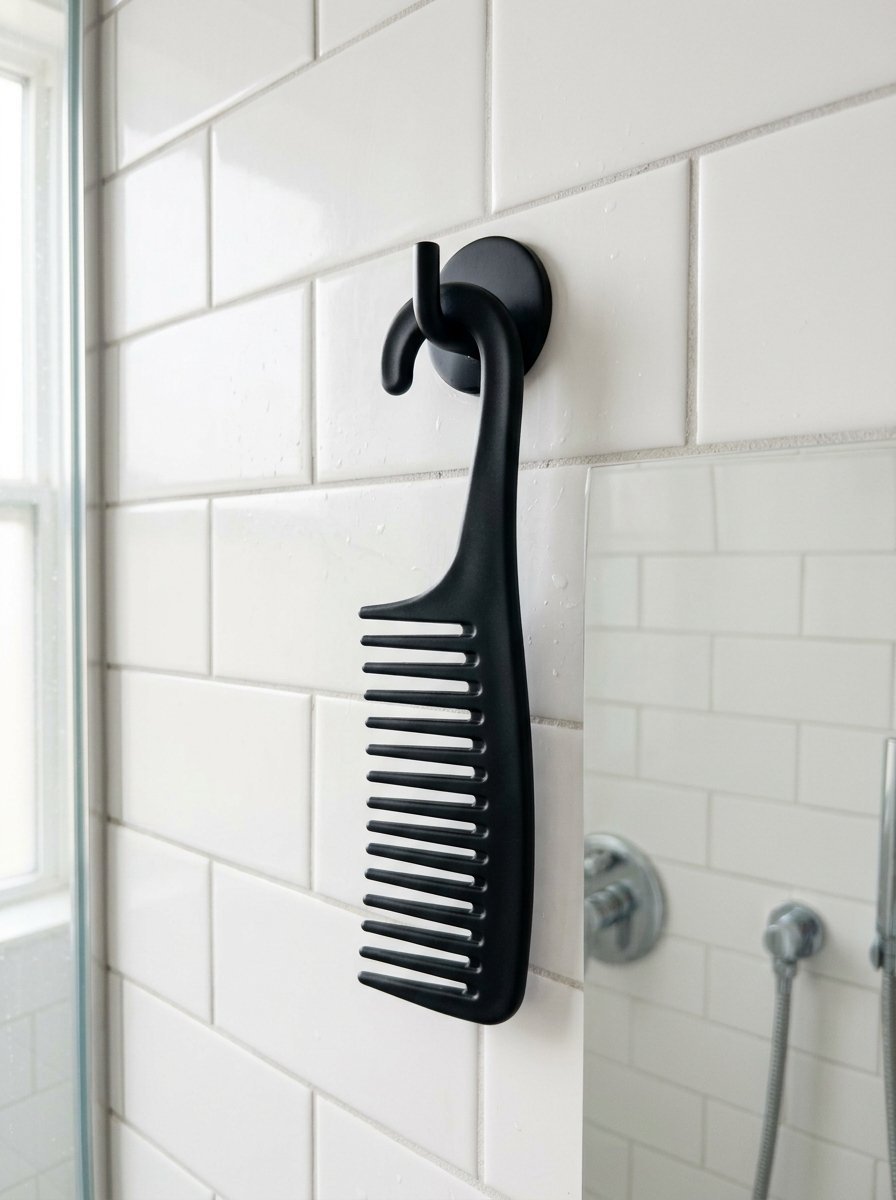 Black wide-toothed grooming comb suspended from a circular wall hook mounted on white subway tile.
