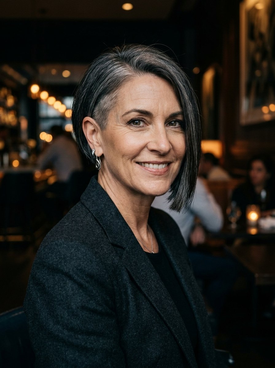 Close-up portrait of a woman with graying hair, side-shaved undercut, and dark blazer sitting in a dimly lit bistro.