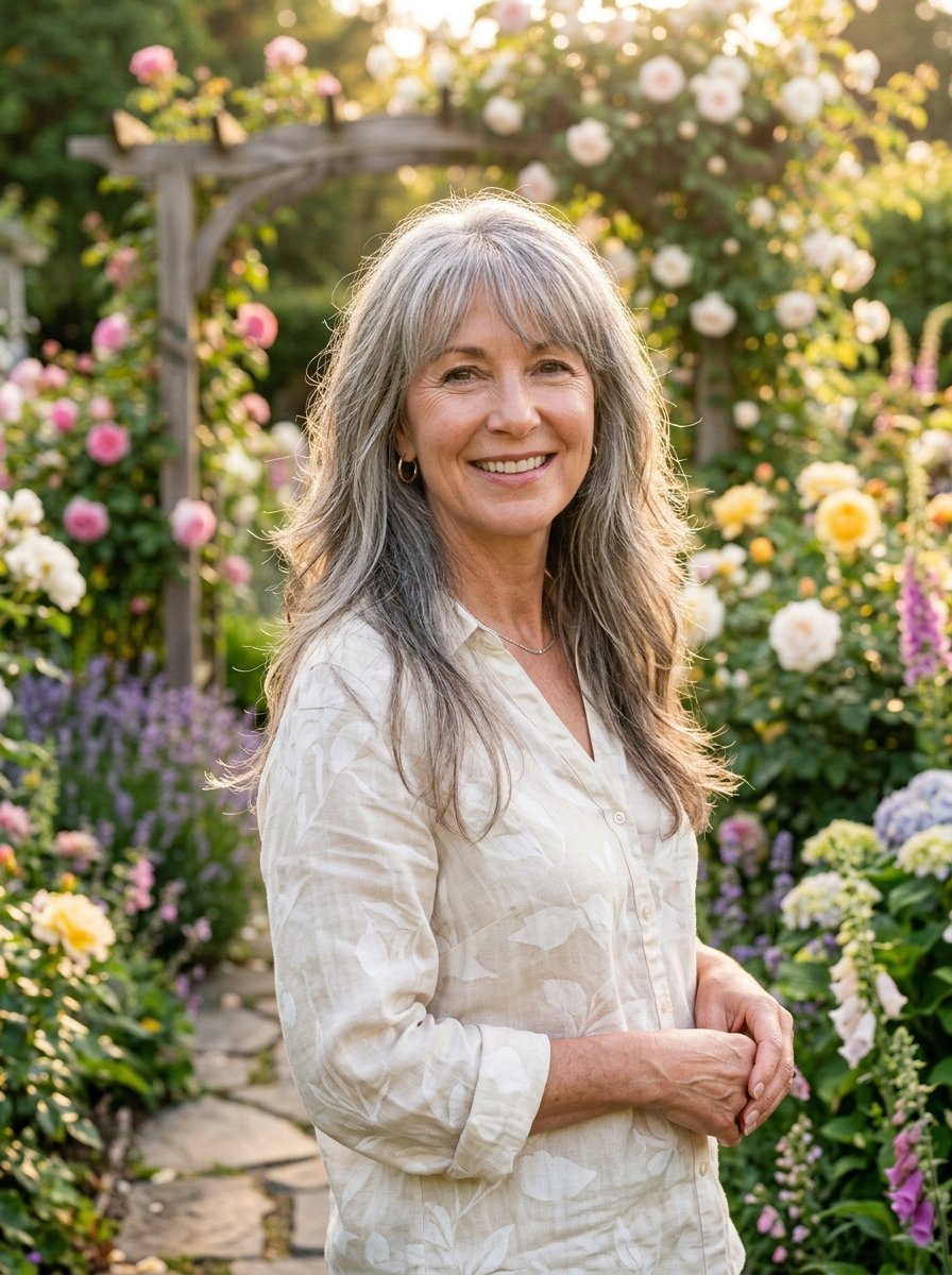 A woman with long grey hair wearing a beige linen shirt stands amidst colorful blooming rose bushes.