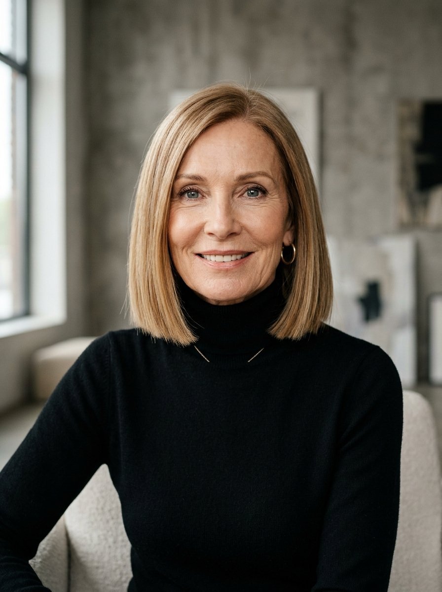Portrait of a smiling middle-aged woman with shoulder-length blonde hair and a black mock neck top.