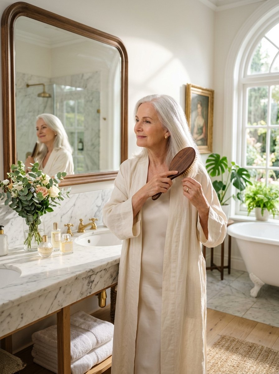 A mature woman in a beige robe uses a wooden brush on her long grey hair while standing before a vanity mirror.